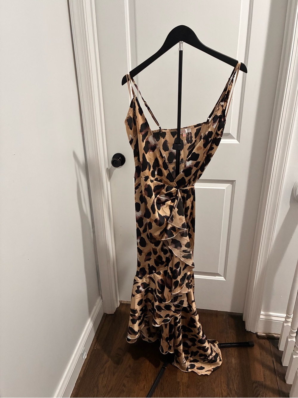 Luxxel Leopard-Print Satin Slip Maxi Dress - Beige & Black